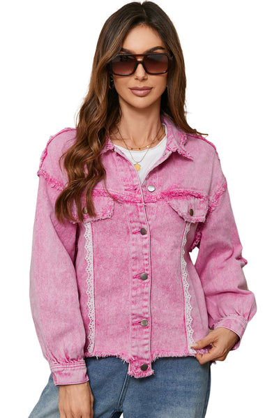 Pink Lace Patchwork Distressed Buttoned Denim Jacket