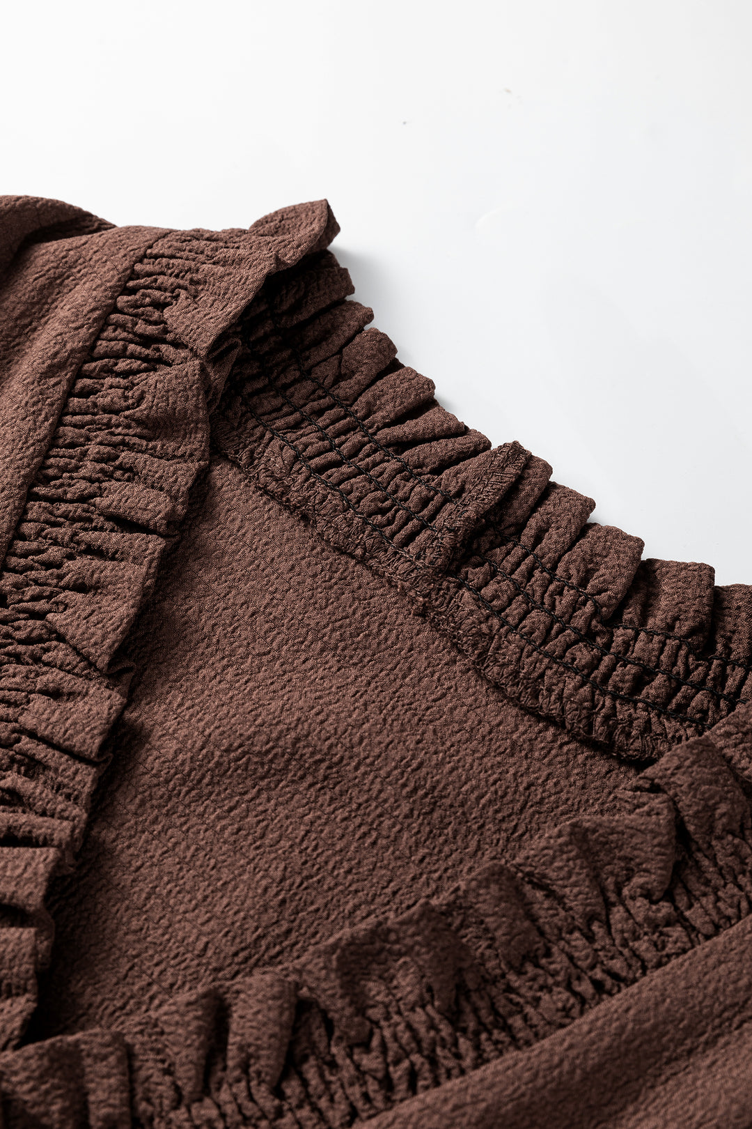 Coffee Plus Size Frilled Trim V Neck Puff Sleeve Textured Mini Dress