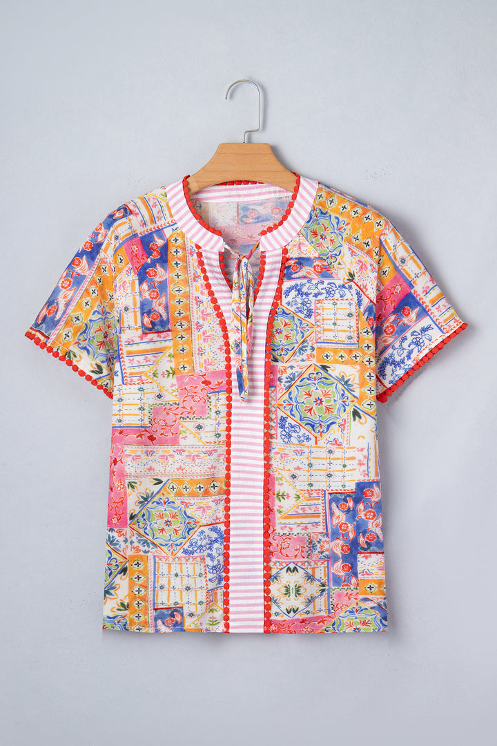 Red Mixed Print V Neck Short Sleeve Blouse