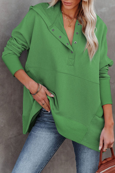 Green Batwing Sleeve Pocketed Henley Hoodie