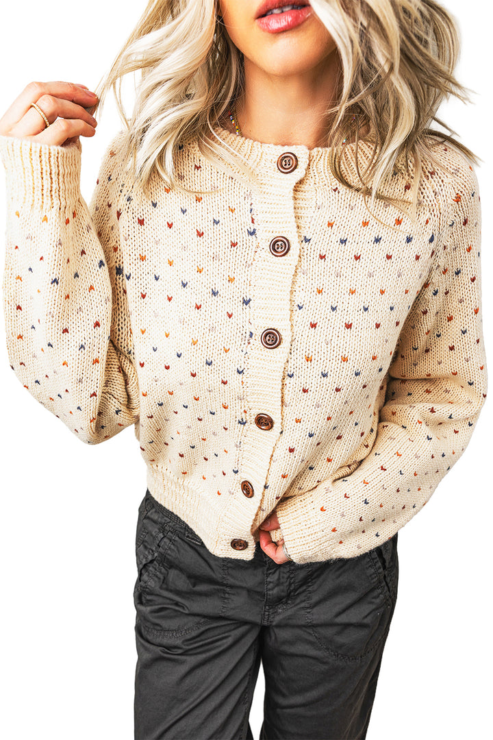 Beige Geometric Print Button Front Long Sleeve Regular Fit Cardigan