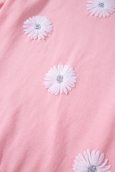 Pink Flower Pattern Short Sleeve Knitted Top