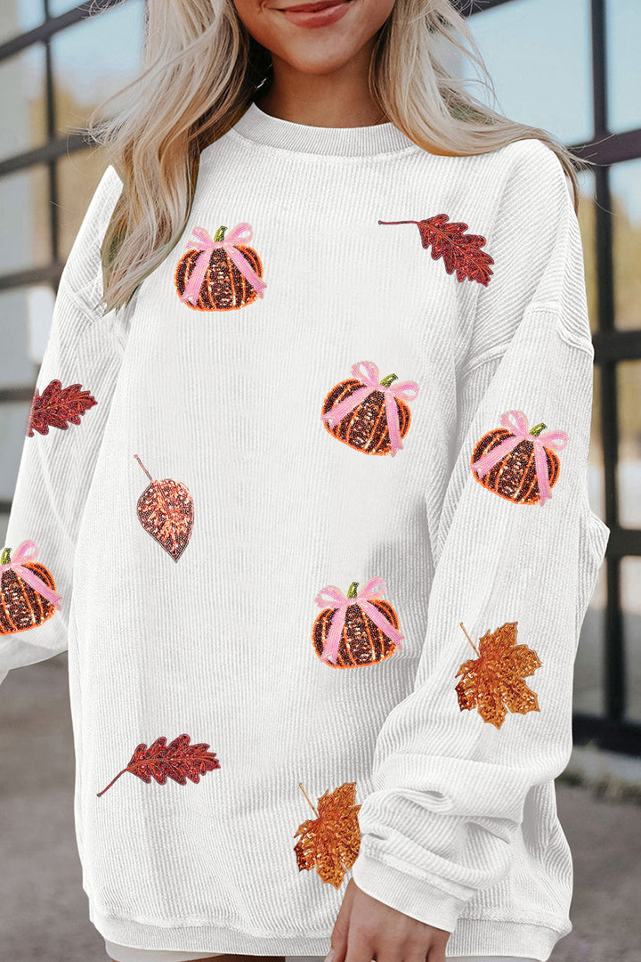 White Sequin Pumpkin Leaf Corded Ribbed Oversized Sweatshirt