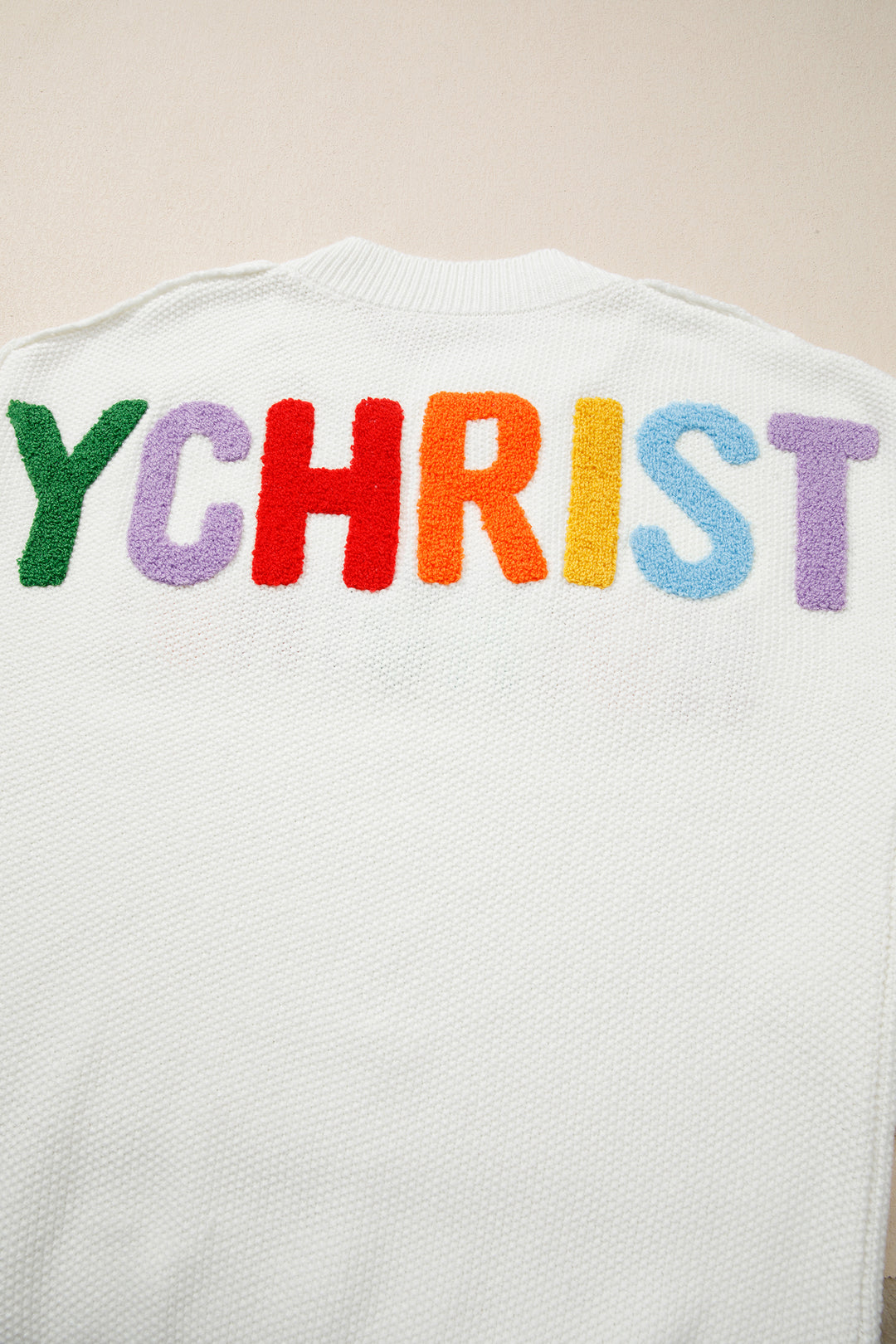 White HOHOHO MERRY CHRISTMAS Chenille Graphic Drop Shoulder Holiday Sweater