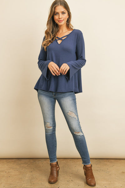 Criss Cross Neck Long Sleeve Hacci Top