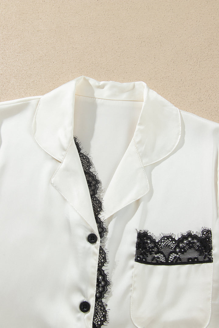 White Long Sleeve Lace Trim Button Front 2pcs Pajama Set