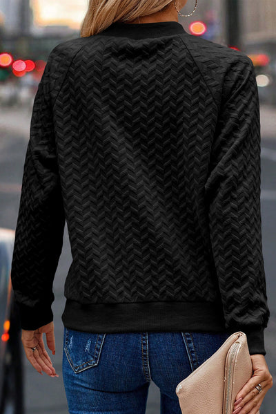 Black Solid Textured Raglan Sleeve Pullover Sweatshirt