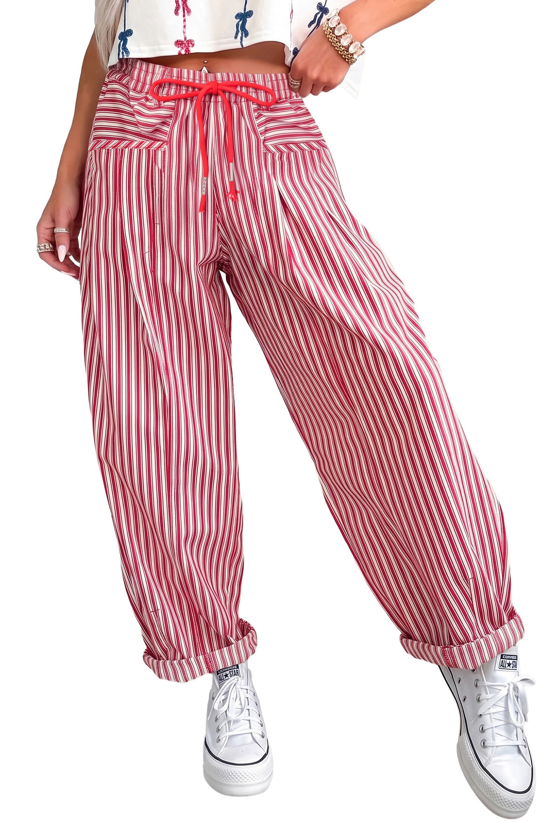 Red Stripe Drawstring Casual Loose Pants