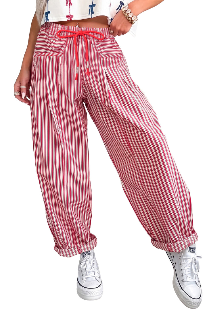 Red Stripe Drawstring Casual Loose Pants