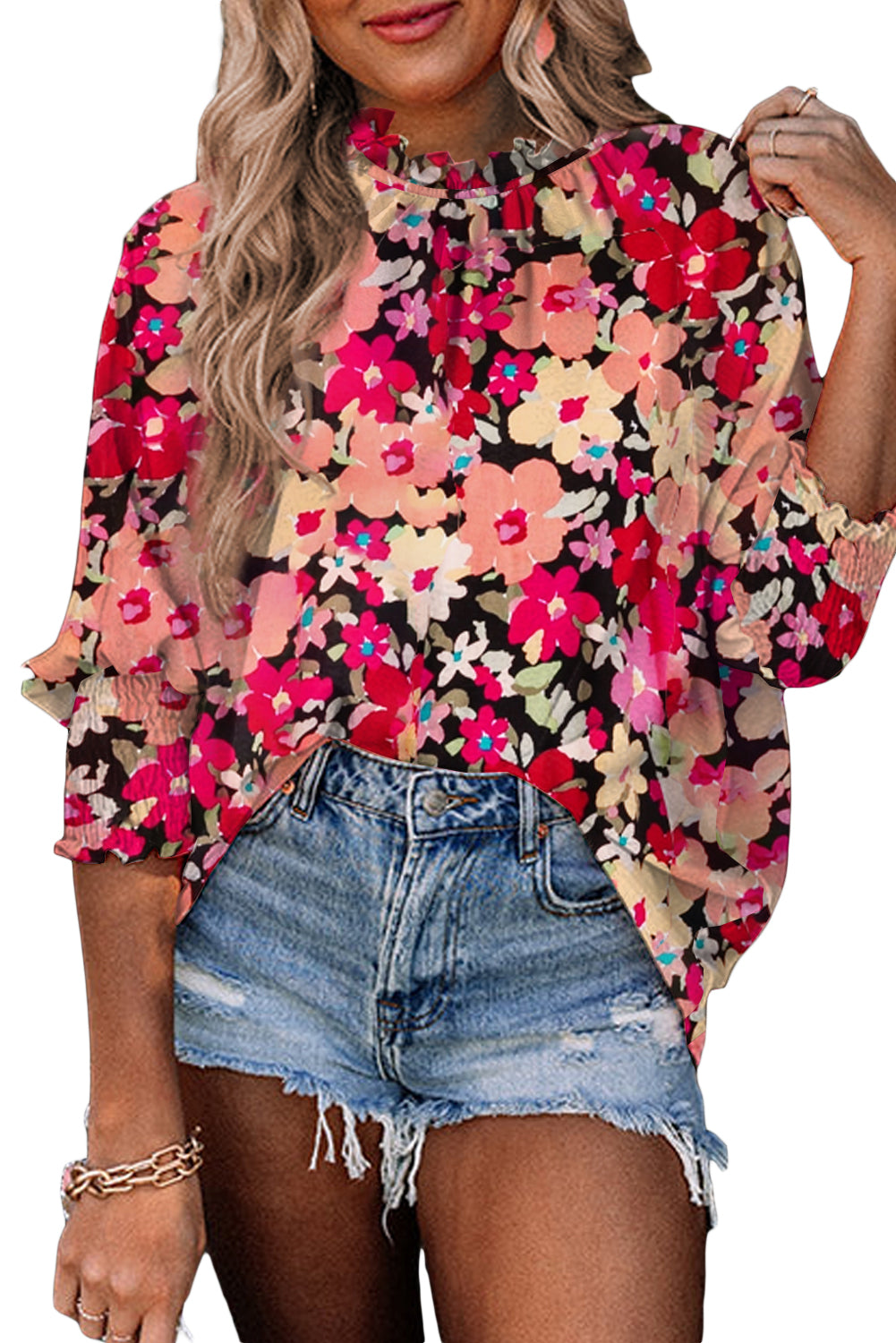 Rose Printed Frilled Neck Shirred Bracelet Sleeve Floral Blouse