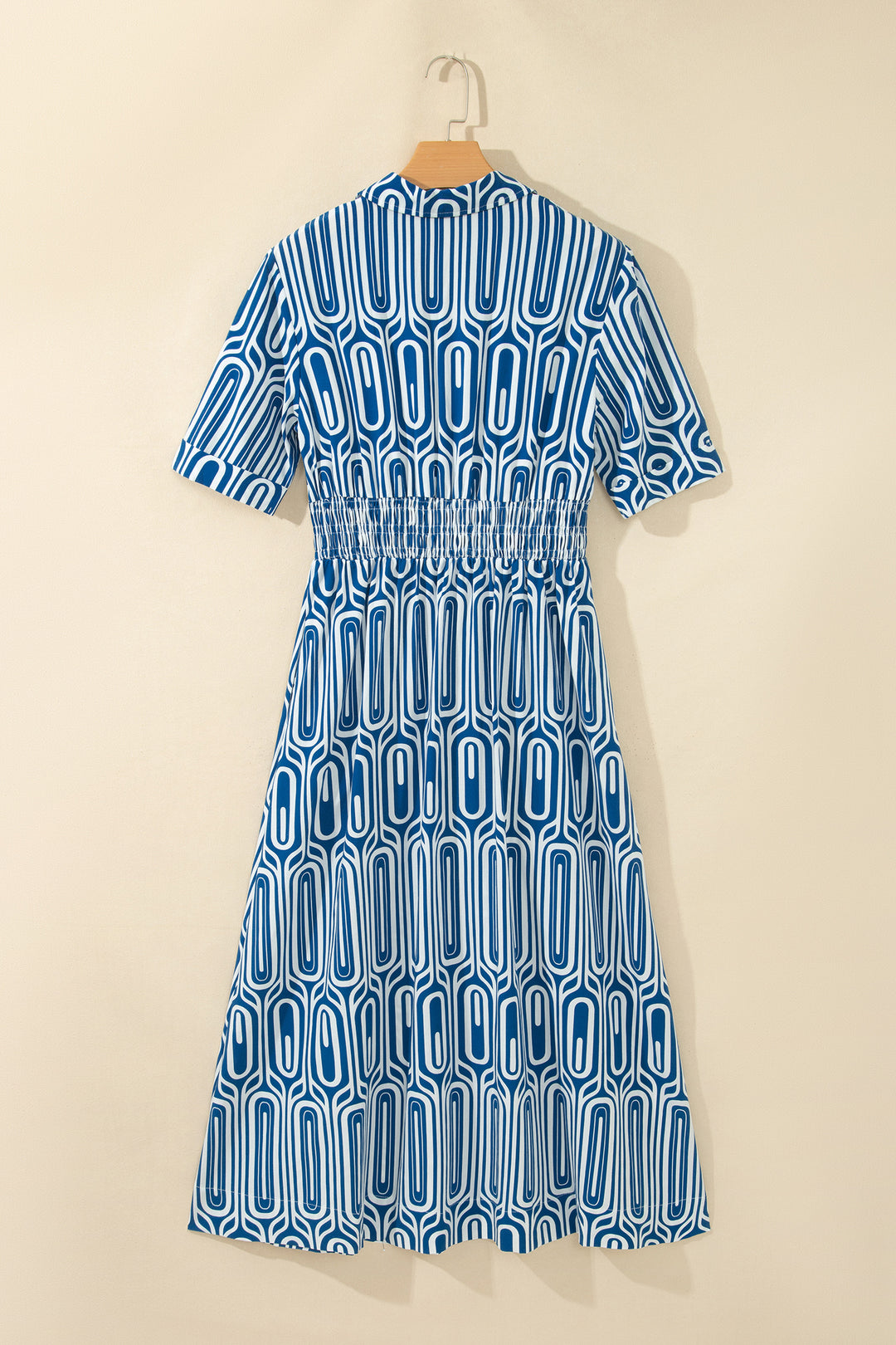 Blue Geometric Print Short Sleeve Drawstring Shirt Collar Dress