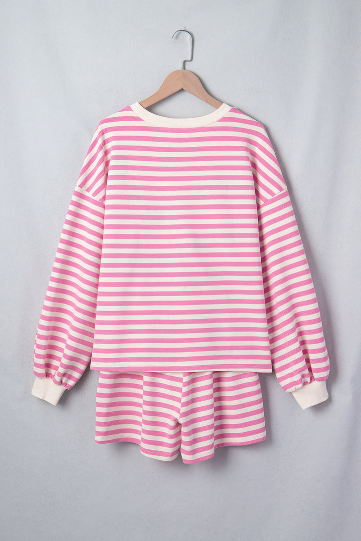 Pink Striped Long Sleeve Crew Neck Drawstring Waist Shorts Set