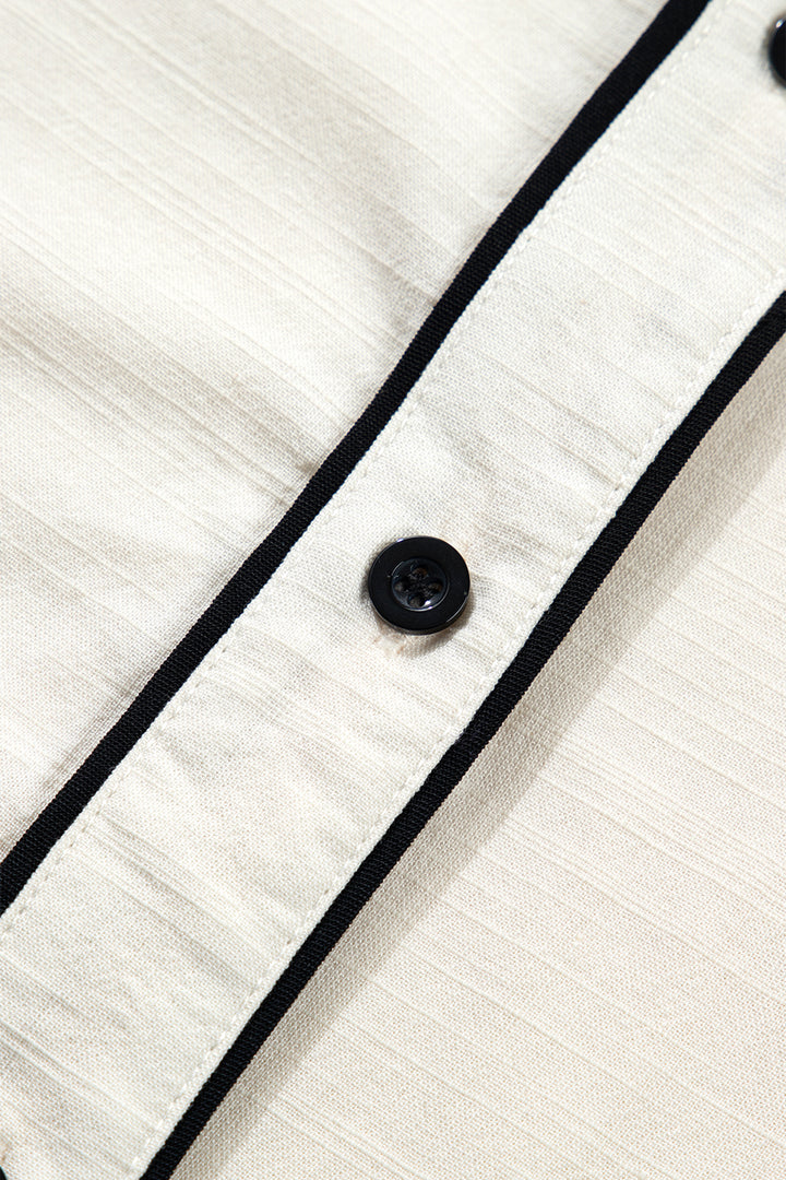 Beige Contrast Color Trim Button Down Long Puff Sleeve Shirt