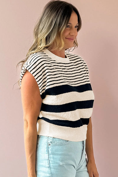 Black white Striped O Neck Sweater Vest