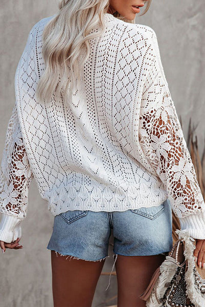 White Lace Crochet Hollow Out Knit Buttoned Sweater