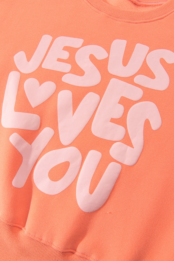 Grapefruit Orange JESUS LOVES YOU Puffy Letter Graphic Sweatshirt