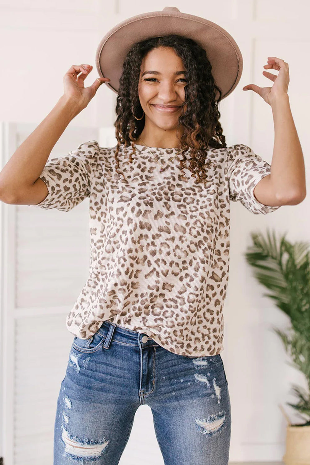 Multicolour Textured Leopard Print Ruched Sleeve T Shirt