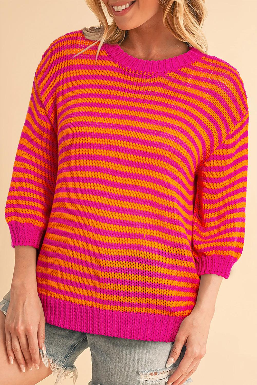 Rose Stripe 3/4 Puff Sleeve Drop Shoulder Sweater