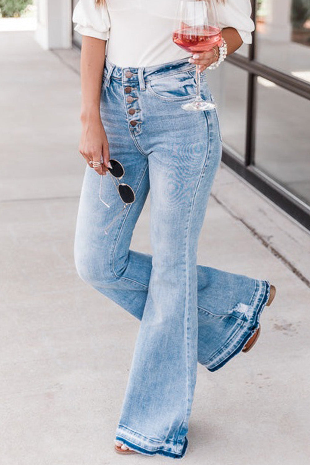 Sky Blue High Waist Buttoned Distressed Flared Jeans