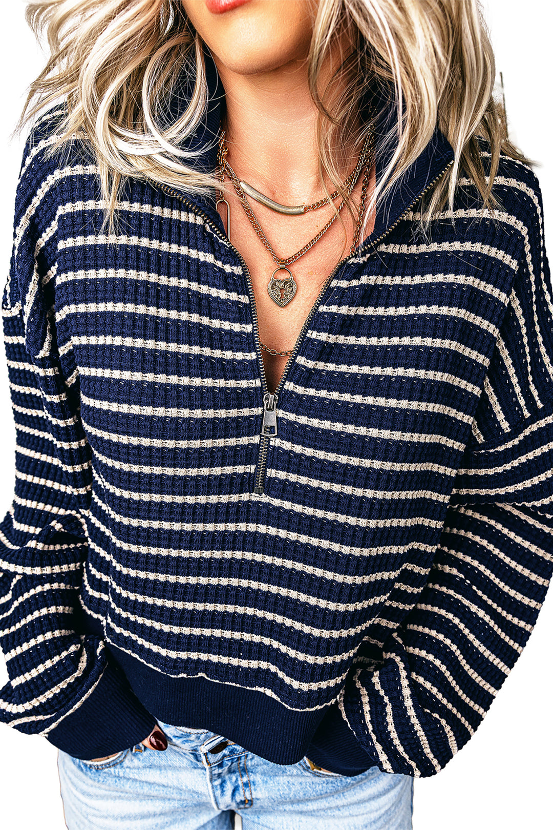Blue Stripe Textured Knit Half Zip Collared Long Sleeve Top
