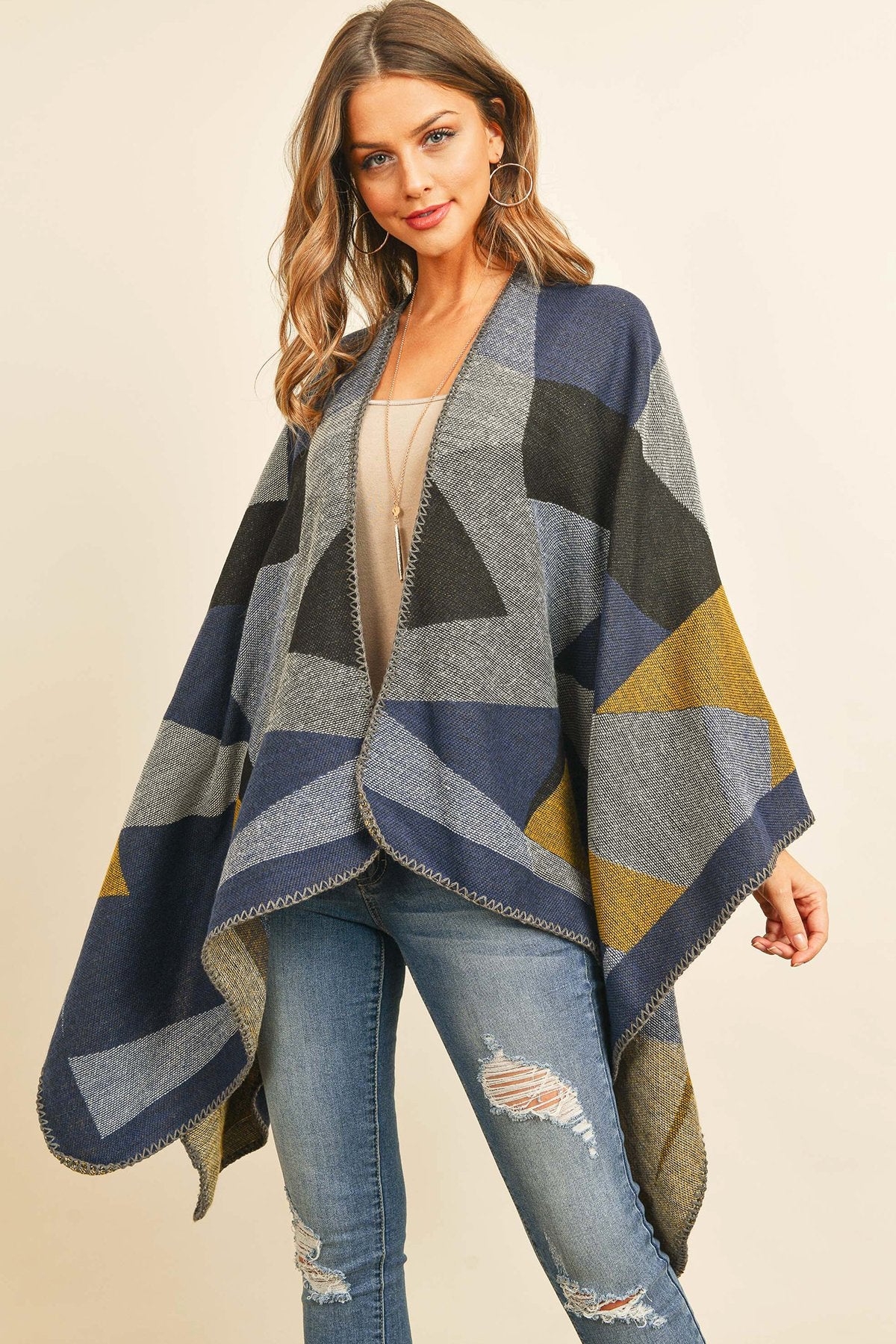 Hdf3149nv - Navy Abstract Pattern Open Front Kimono