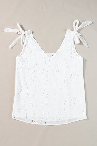 White Embroidery Patterned Knotted Straps V Neck Tank Top