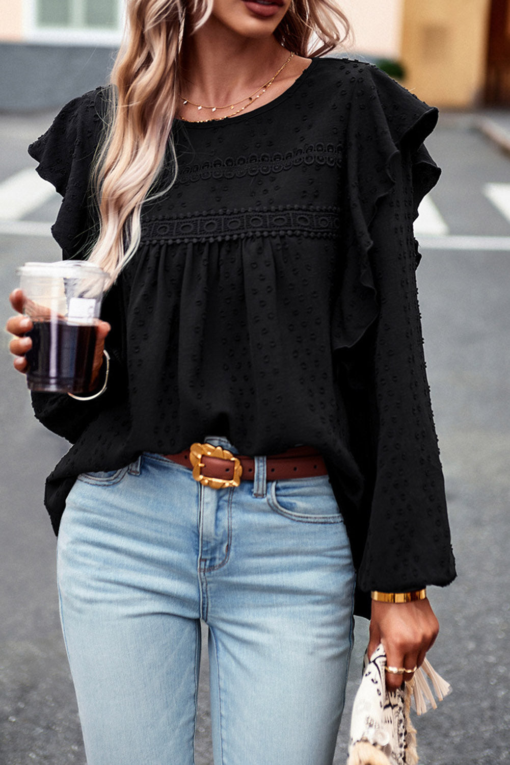 Black Lace Eyelet Ruffle Shoulder Long Sleeve Blouse