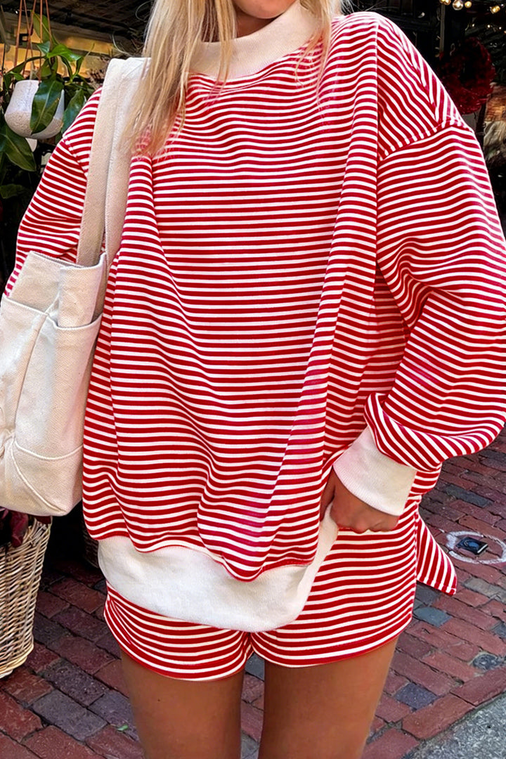Sky Blue Stripe Oversize Mock Neck Sweatshirt and Shorts Set