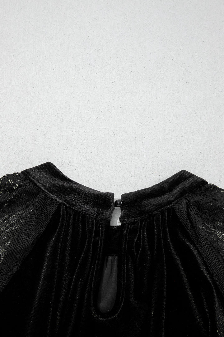 Color Black Solid Color Sheer Lace Long Sleeve Patchwork Stand Neck Velvet Blouse