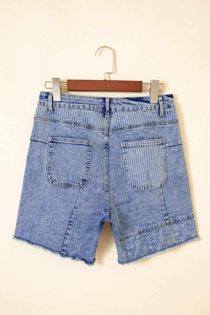Sky Blue Striped Paisley Mixed Patchwork Raw Hem Denim Shorts