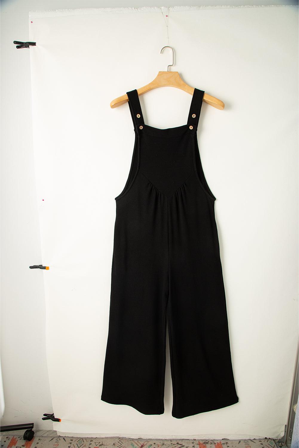 Black Textured Buttoned Straps Ruched Wide Leg Jumpsuit