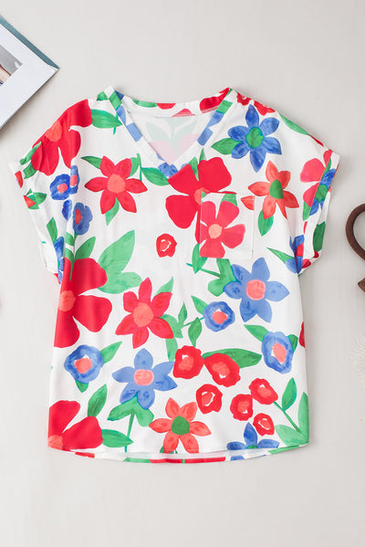 Flower Print Chest Pocket V Neck Blouse