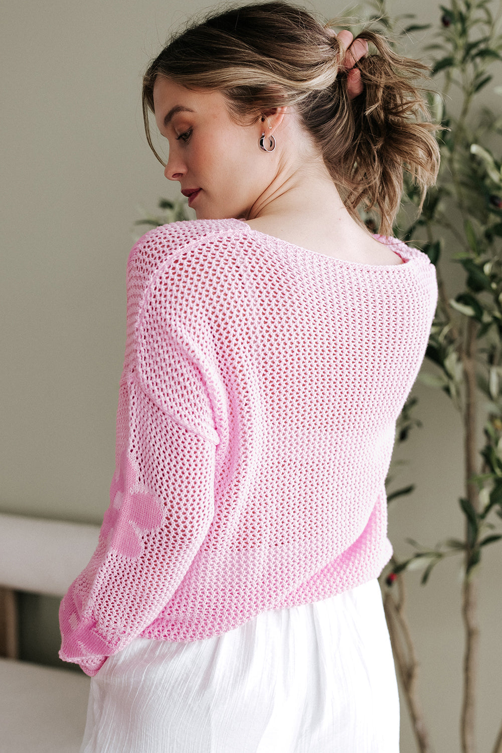 Dulce Big Flower Hollowed Knit Drop Shoulder Sweater