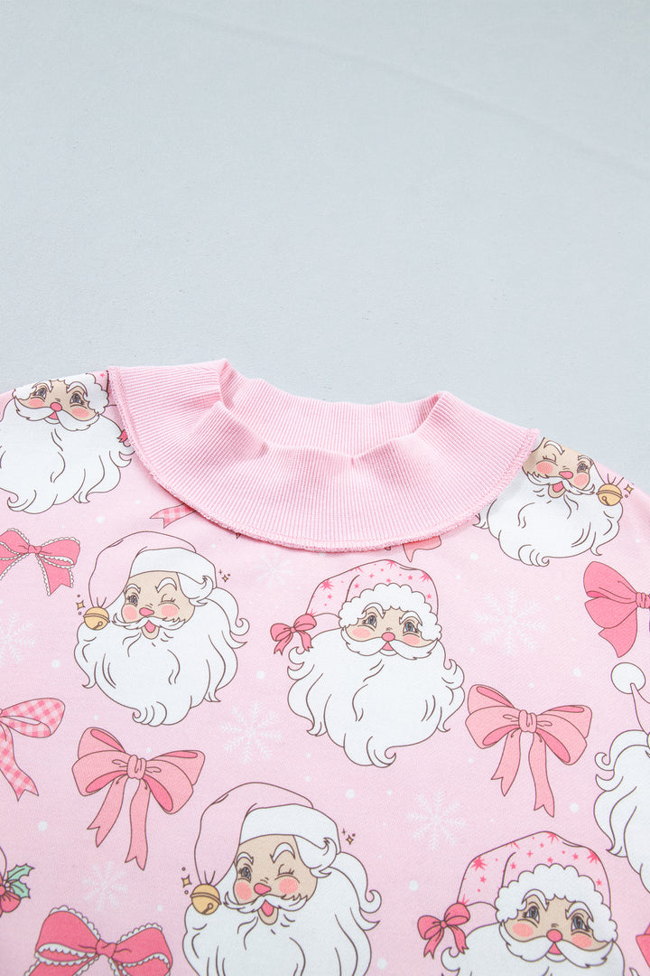 Pink Abstract Santa Print Drop Shoulder High Neck Sweatshirt