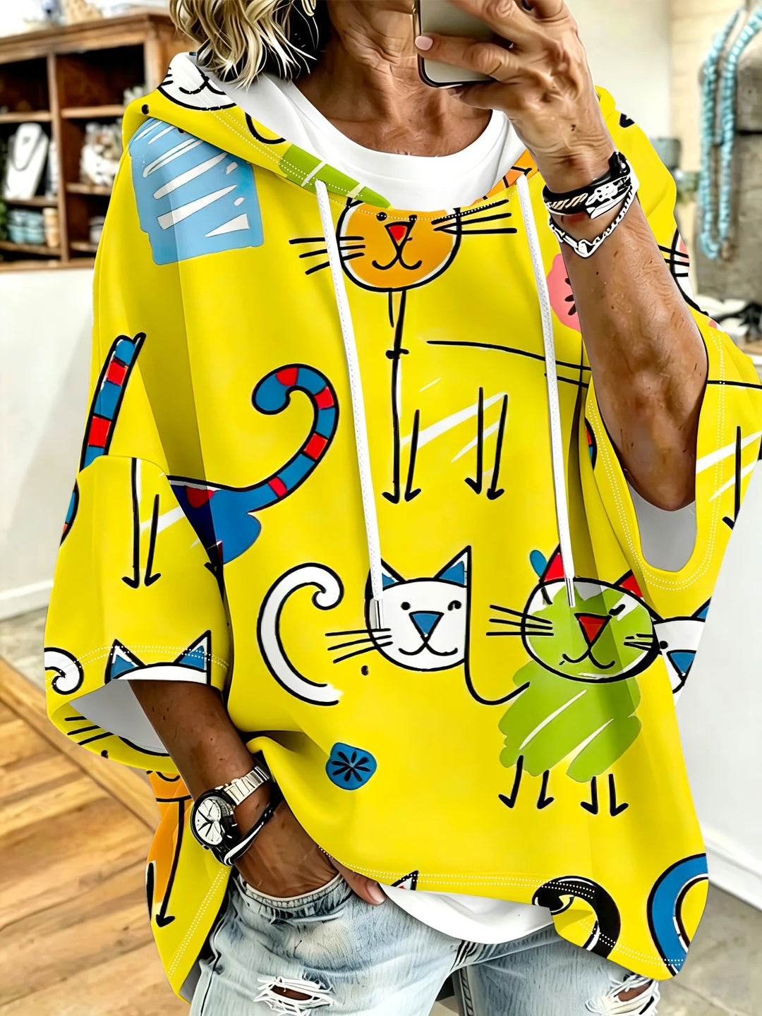 Cartoon Cat Print Hoodie with 3/4 Sleeves &amp; Drawstring