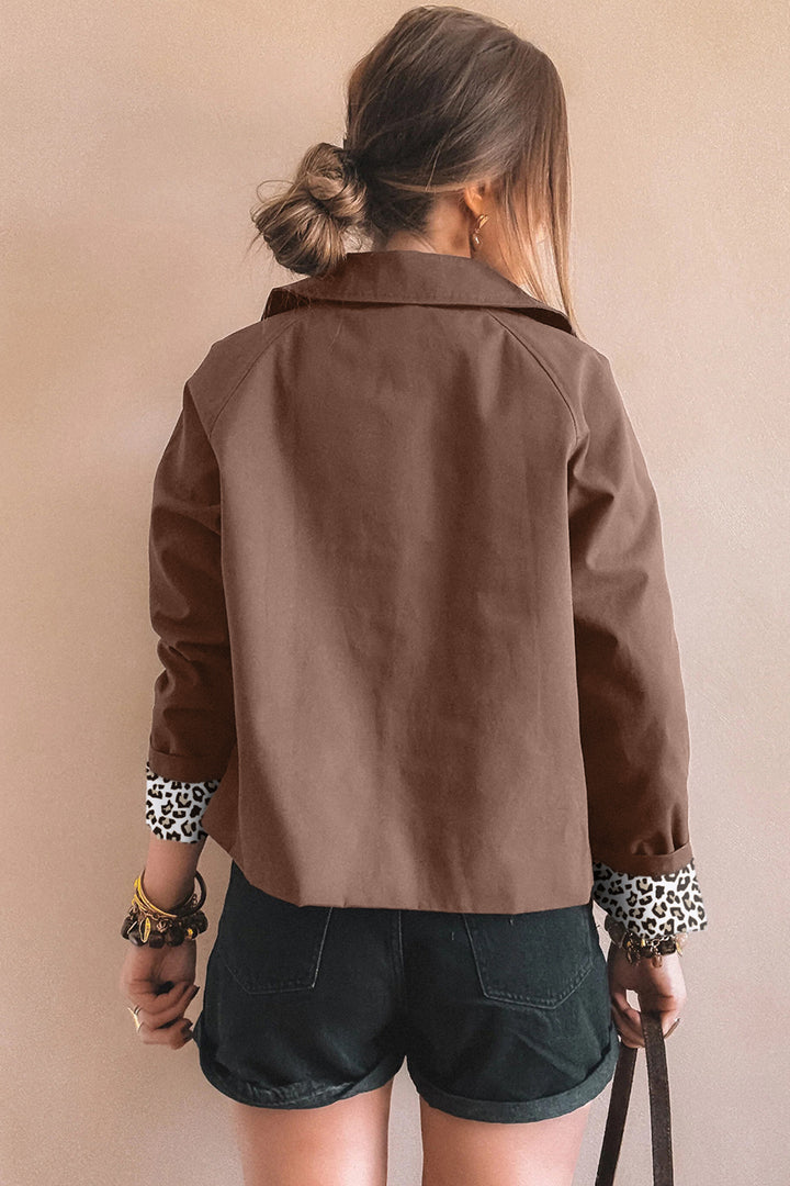 Dark Brown Collared Buttoned Leopard Liner Patchwork Chic Jacket
