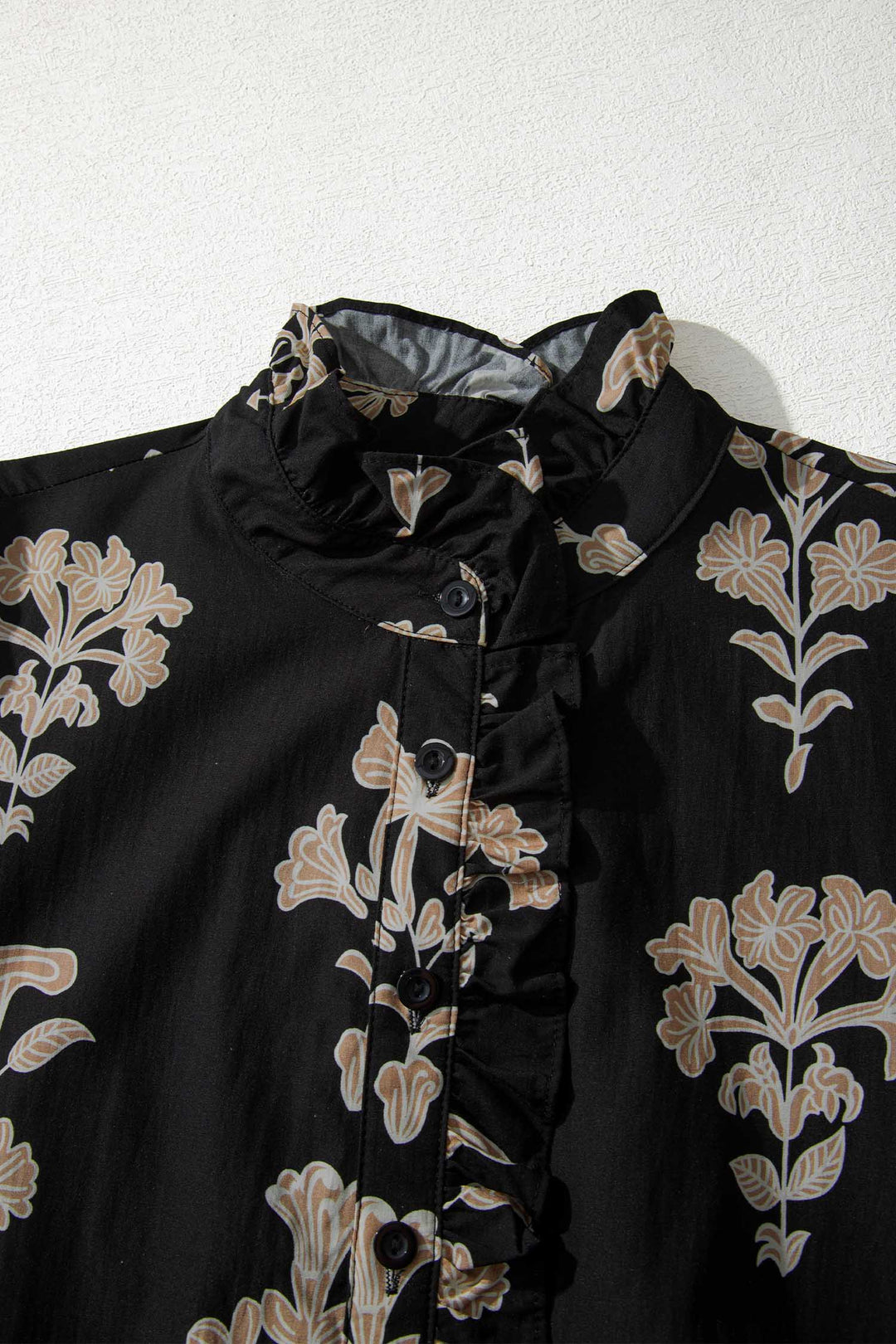 Black Floral Print Frilled Collar Short Puff Sleeve Plus Size Maxi Dress