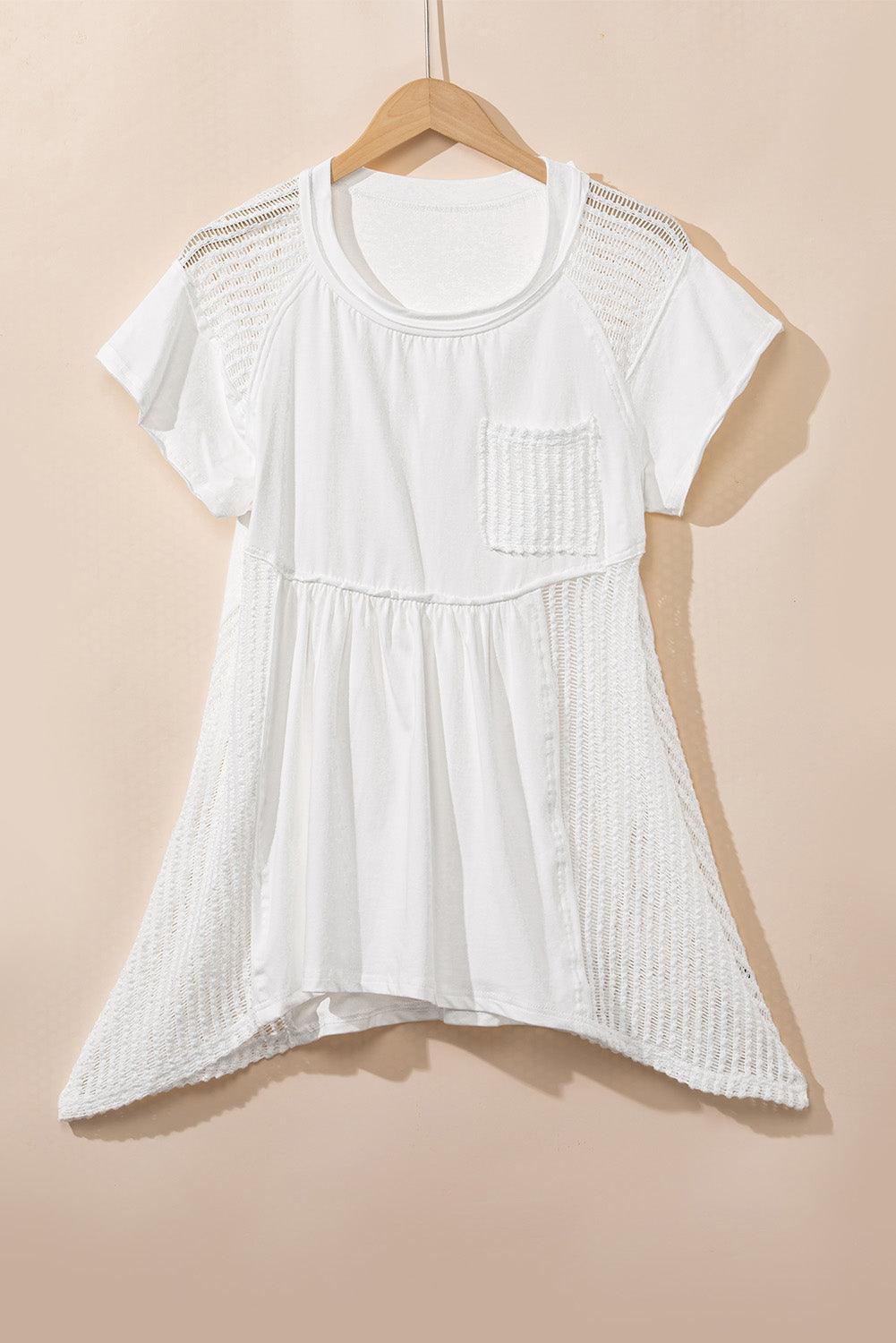 White Hollow Knit Splicing Keyhole Back Tunic Top