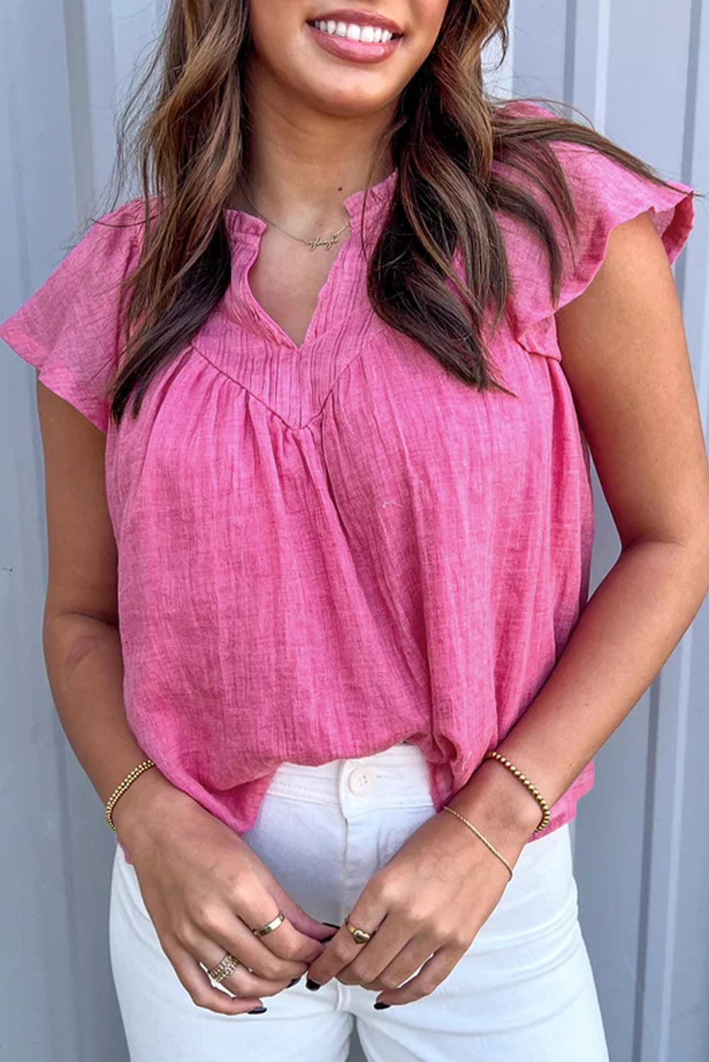 Bright Pink Textured Split Neck Patchwork Flutter Gauze Blouse