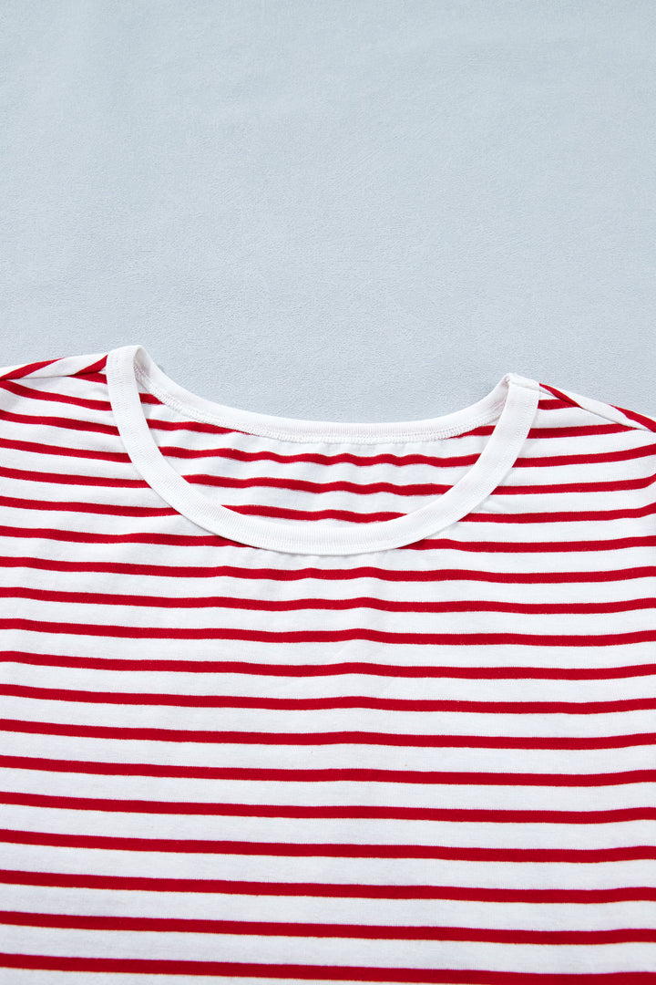 Red Stripe Contrast Trim Round Neck Short Puff Sleeve T Shirt