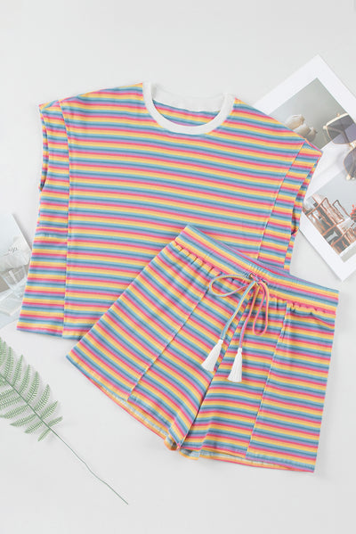 Pink Stripe Crew Neck Tee and Tasseled Drawstring Shorts Set