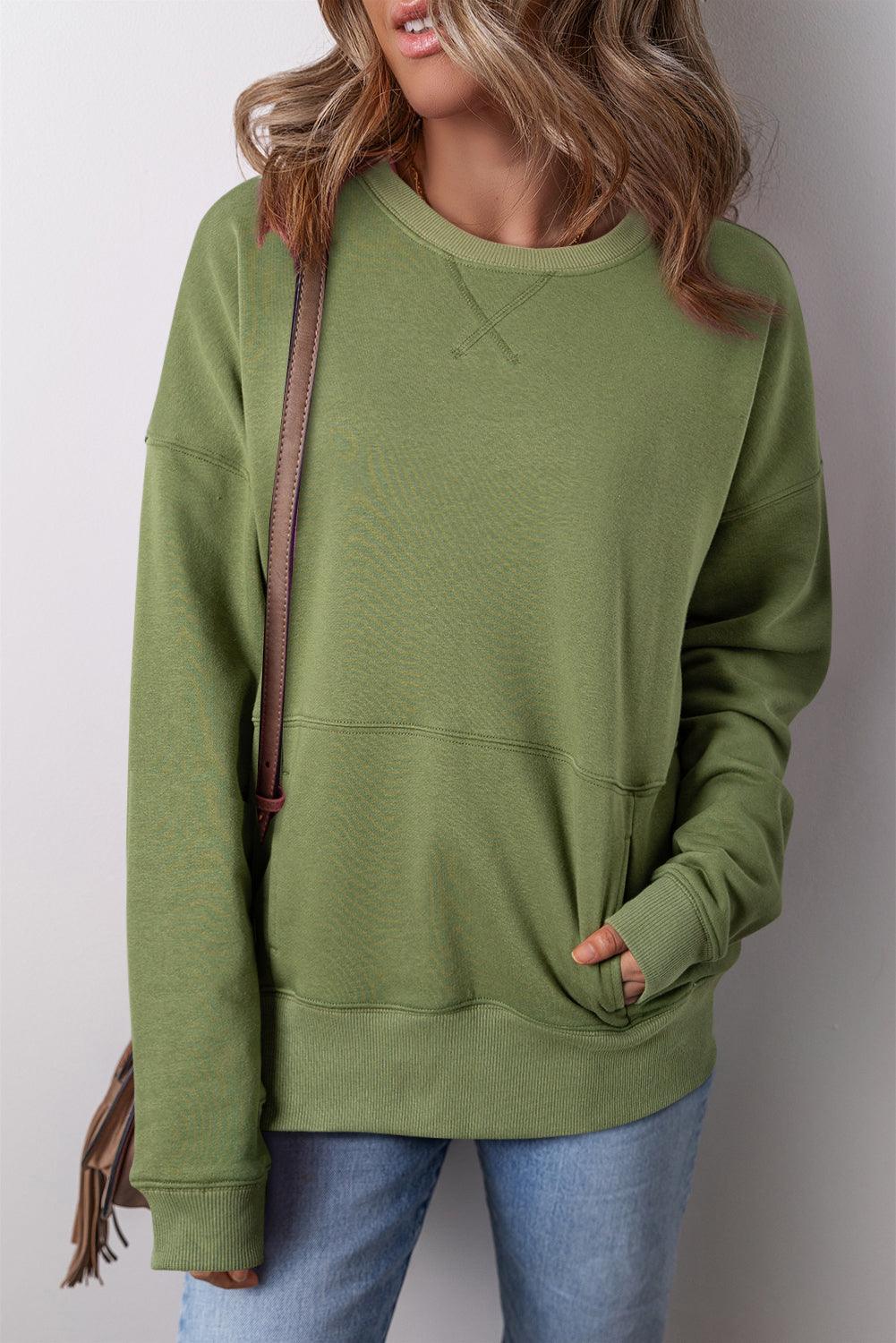 Vineyard Green Drop Shoulder Crisscross Stitching Pocketed Loose Sweatshirt