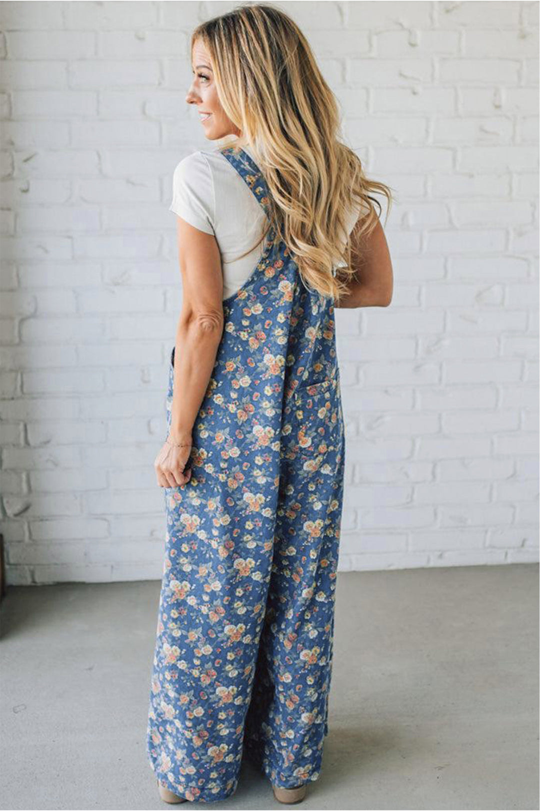 Blue Vintage Rose Printed Pleated Loose Denim Overall Jumpsuit