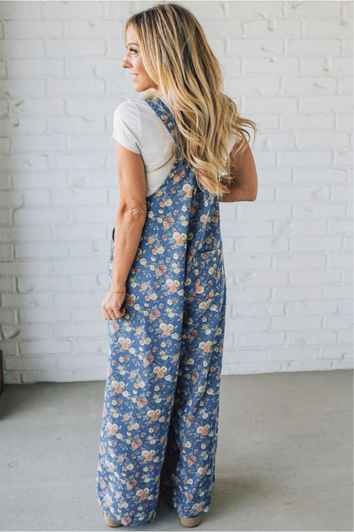 Blue Vintage Rose Printed Pleated Loose Denim Overall Jumpsuit
