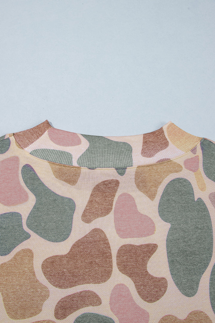 Multicolour Camo Print Ribbed Mock Neck Plus Size Sweatshirt