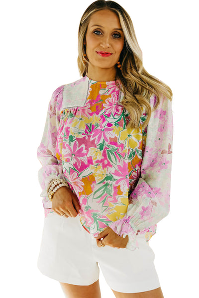 Purple Floral Patchwork Lace Trim Blouse