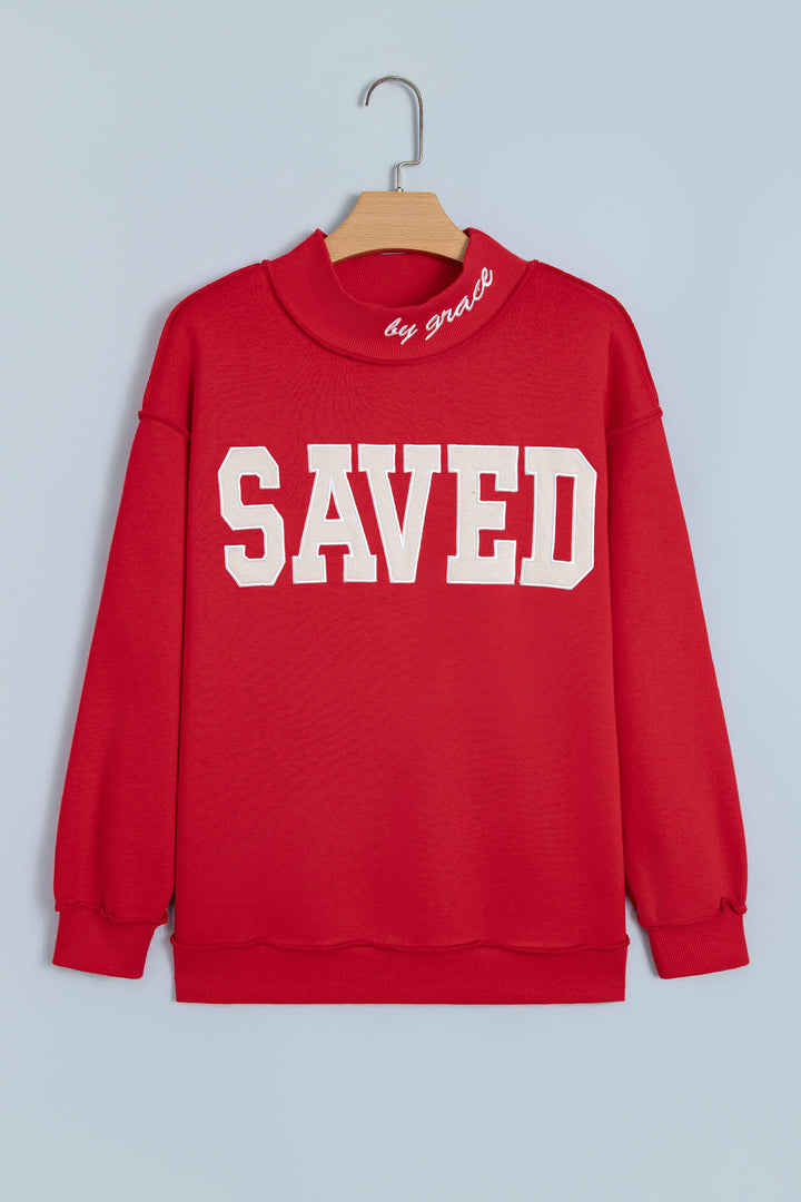 Gray Saved By Grace Embroidered Detail Letter Graphic High Neck Sweatshirt