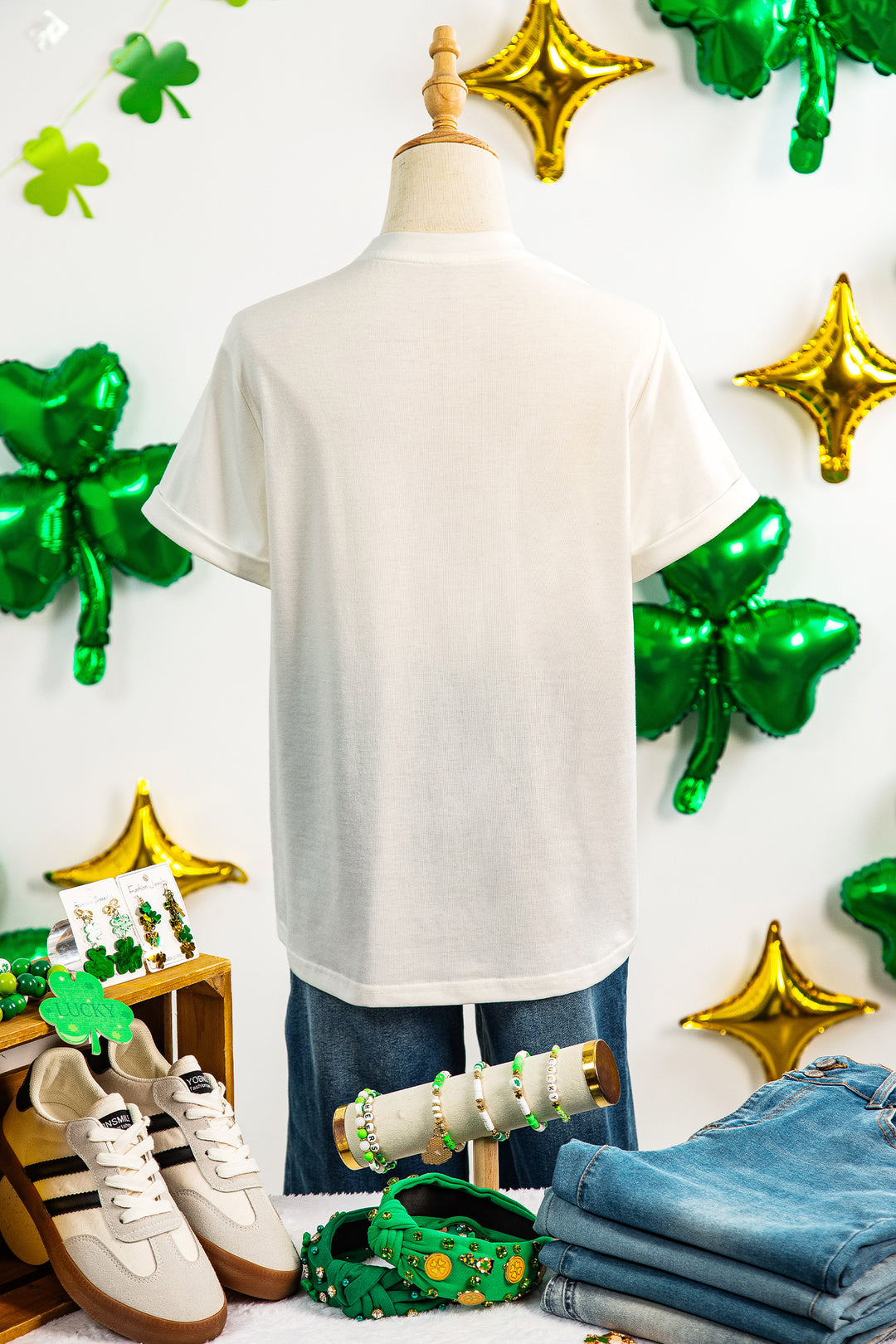 White St Patricks Day Sequin Graphic Casual T Shirt