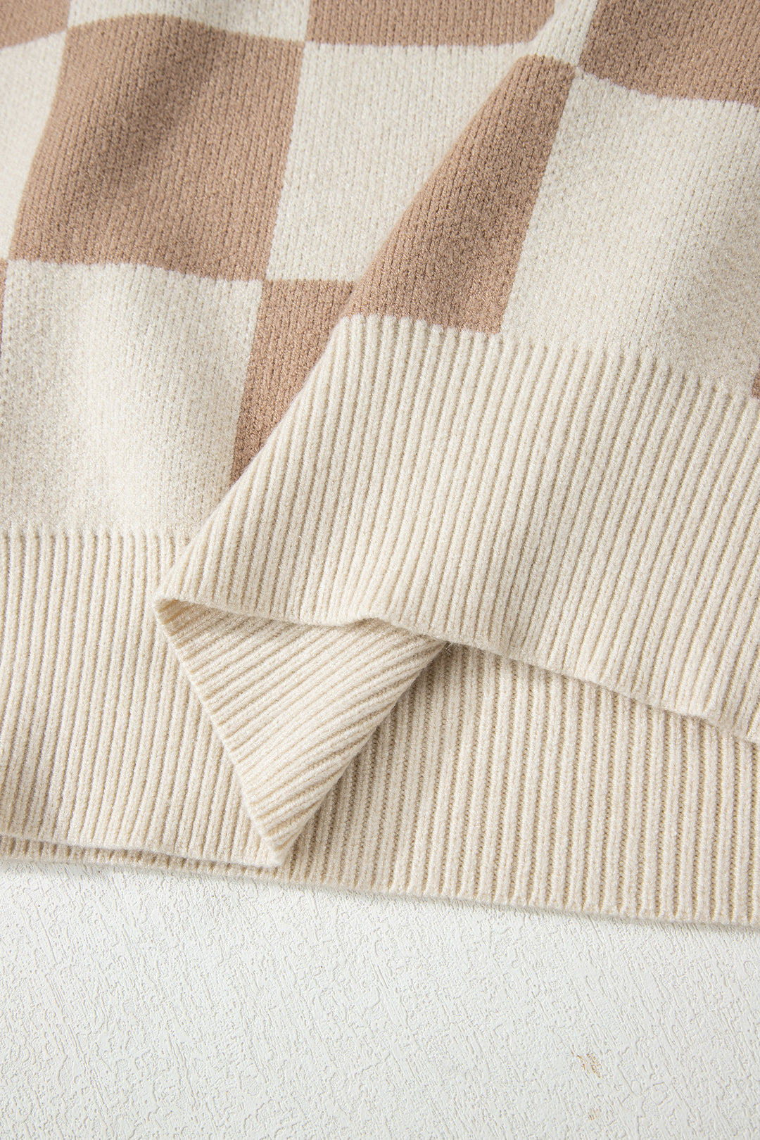 Grapefruit Orange Checkered Pattern Ribbed Trim Knit Baggy Sweater