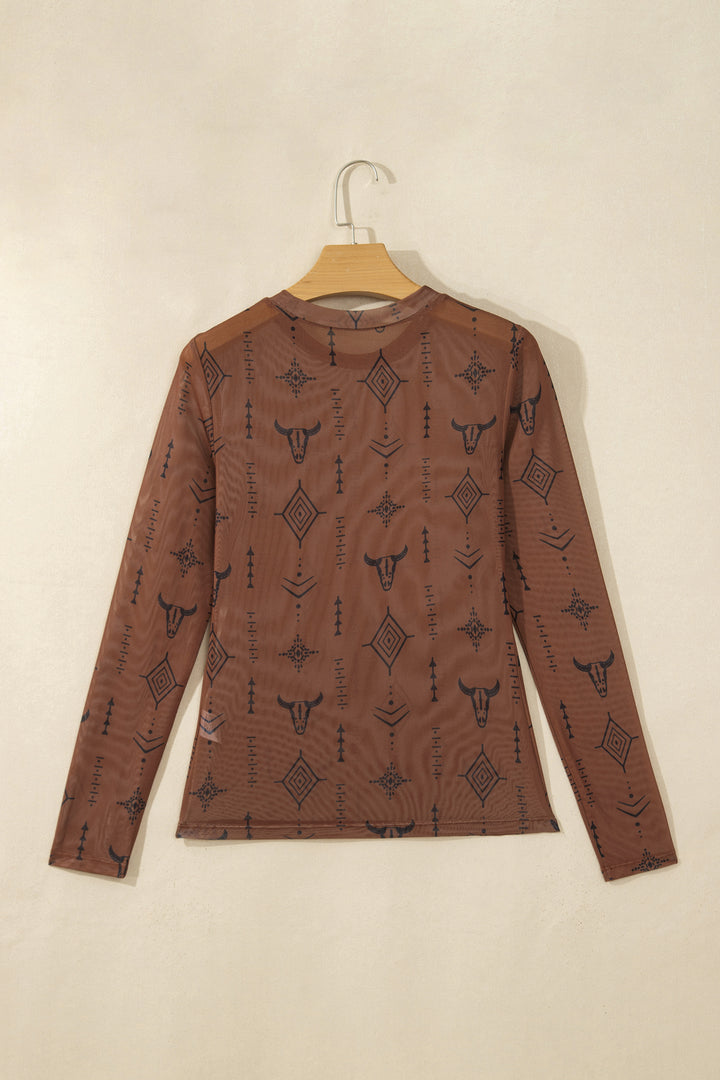 Chestnut Retro Western Print Mesh Long Sleeve Sheath Top